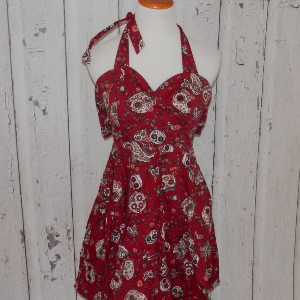 Hell Bunny Vixen Size MD Skull Print Halter Straps Pockets Sleeveless Dress 3584